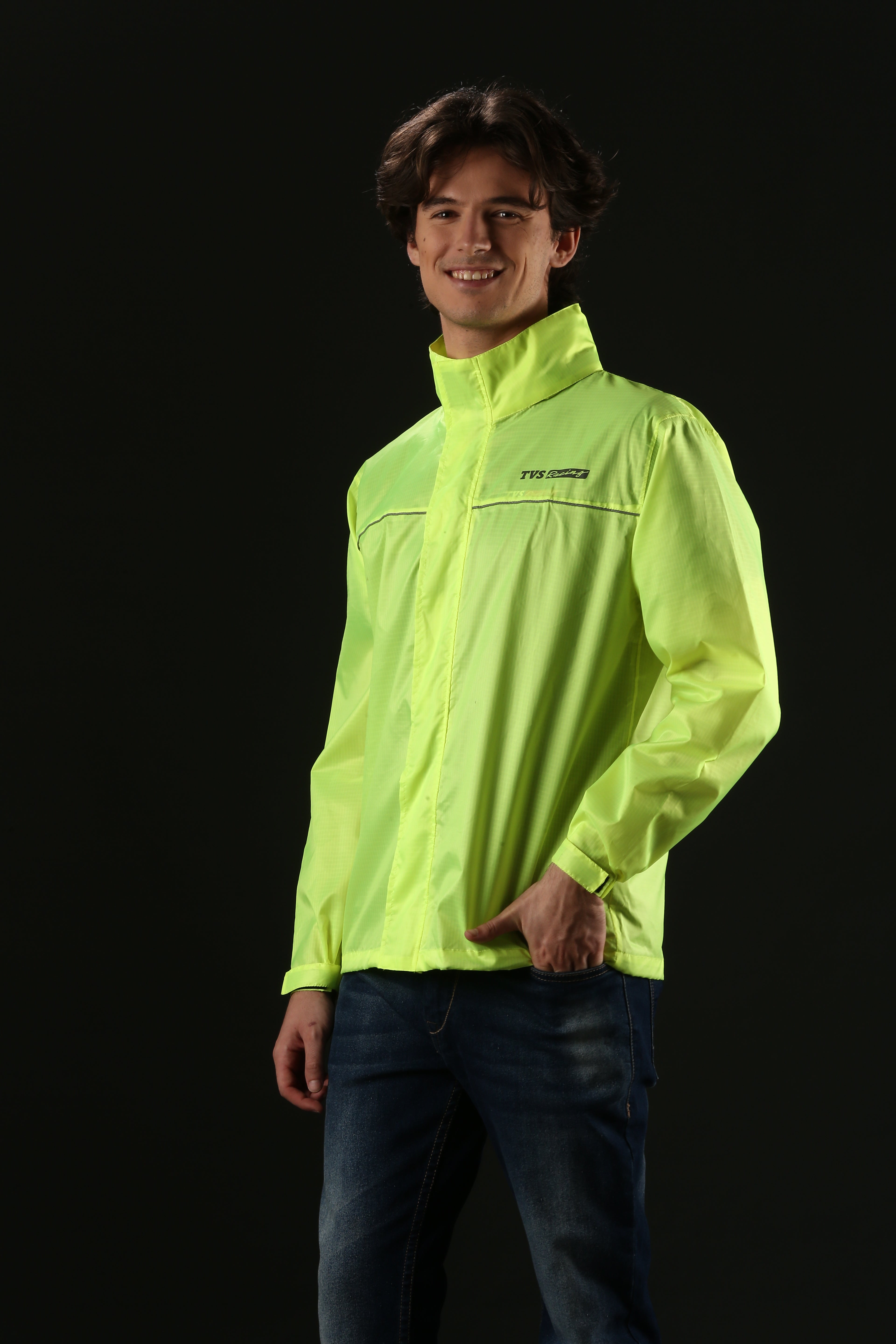 TVS Racing Rainshield Pro Rain Jacket | Lightweight Waterproof Rain Coat for Men | Compact Rain Jacket for Boys & Girls | Windproof Riding Rain Coat with Reflective Details for All-Weather Rides, Color; Neon
